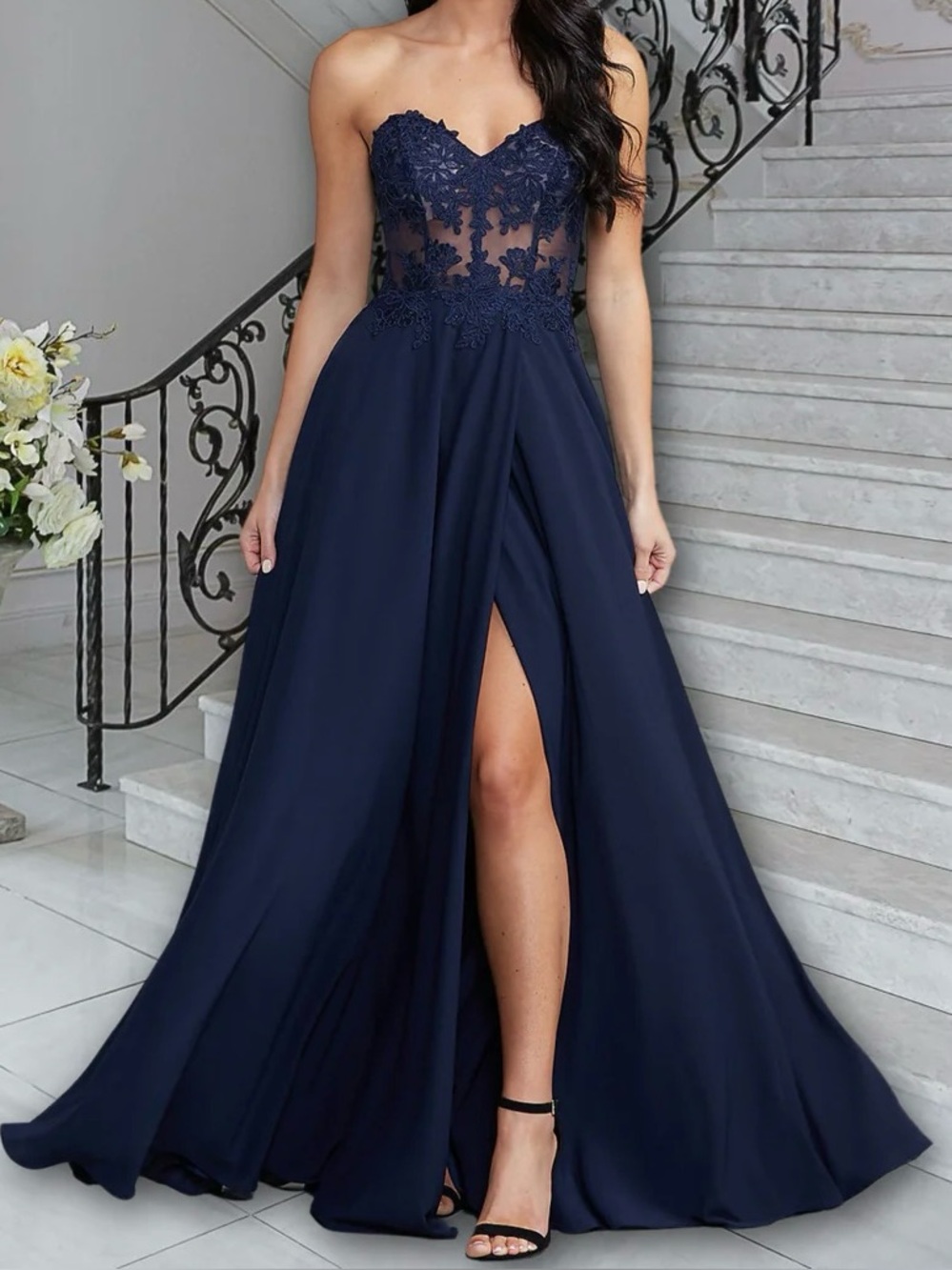 Navy Blue Embellished Strapless Sheer Bodice Sweetheart Gown for Prom